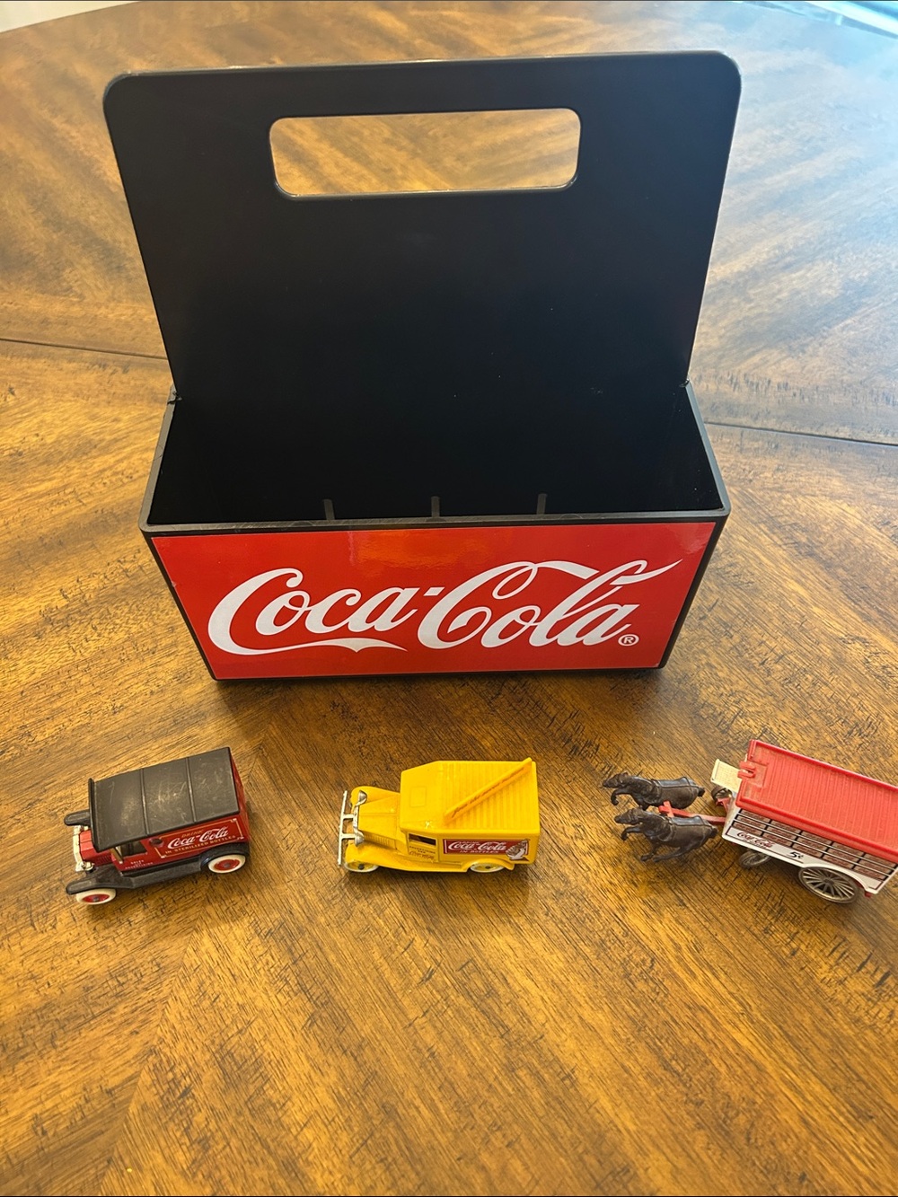 Coca Cola Kids Toy Vehicle Set and Coca-Cola carton.